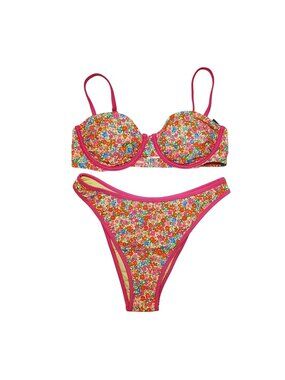 Wild Fable Floral Print Bikini Set With Padded Top & High-Cut Bottoms - Pink & M